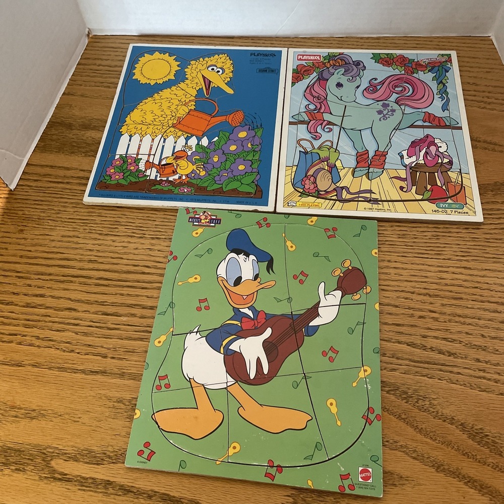 2 Playskool Puzzles Big Bird 1979 & My Little Pony 1997; 1MattelDonald Duck Wood